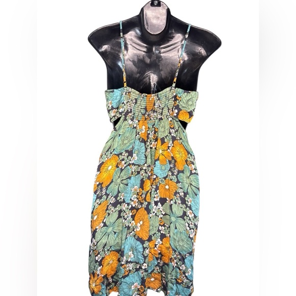 Volcom floral strappy dress teal, orange and black side cutouts a tie front sz L - Picture 5 of 8